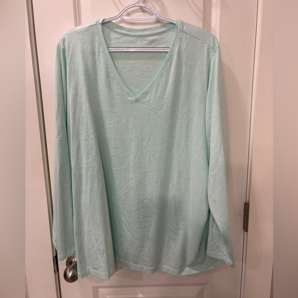 Lands End Mint Green V-Neck relaxed fit Long Sleeve Top